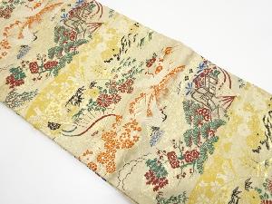 アンティーク　扇に鶴・草花模様織り出し丸帯（着用可）